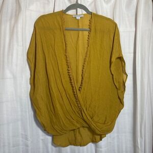 FAVLUX Fashion Women Mustard Yellow Lace Trim‎ Draped Kimono Cardigan Top S Boho